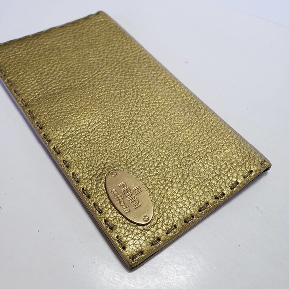 Fendi Selleria Wallet Metalic Gold Pebble Leather Wallet Bifold Large Logo Glam - Picture 11 of 11